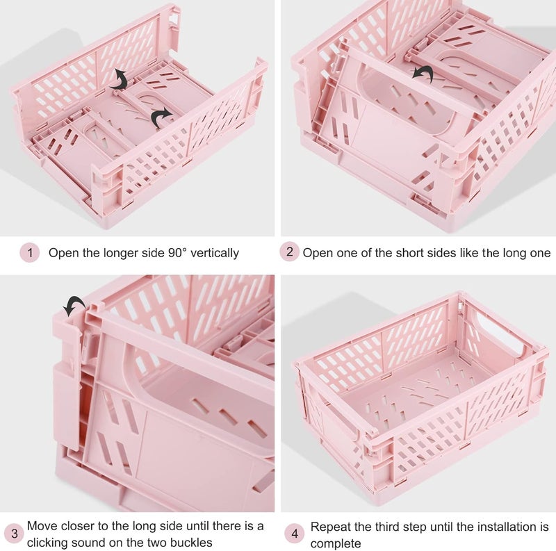 Weraher Plastic Baskets for Desk Organizing, Drawer Organizer, 2 Medium+2 Small Durable Folding Storage Crate for Home Kitchen Classroom Office Bedroom and Bathroom (Pink) - Image 3